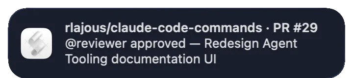 A real macOS notification identifying the repository, pull request, reviewer, and approval.