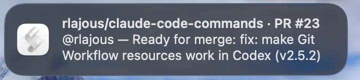 A real macOS notification showing that the pull request is ready to merge.