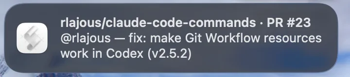 A real macOS notification identifying the repository, pull request, author, and title.